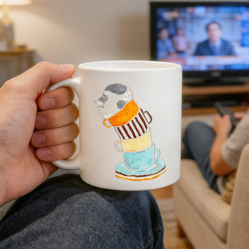 Tailorly White Ceramic 11 oz Mug - stacked teacup cat coffee mug watercolor chubby cat teacup design