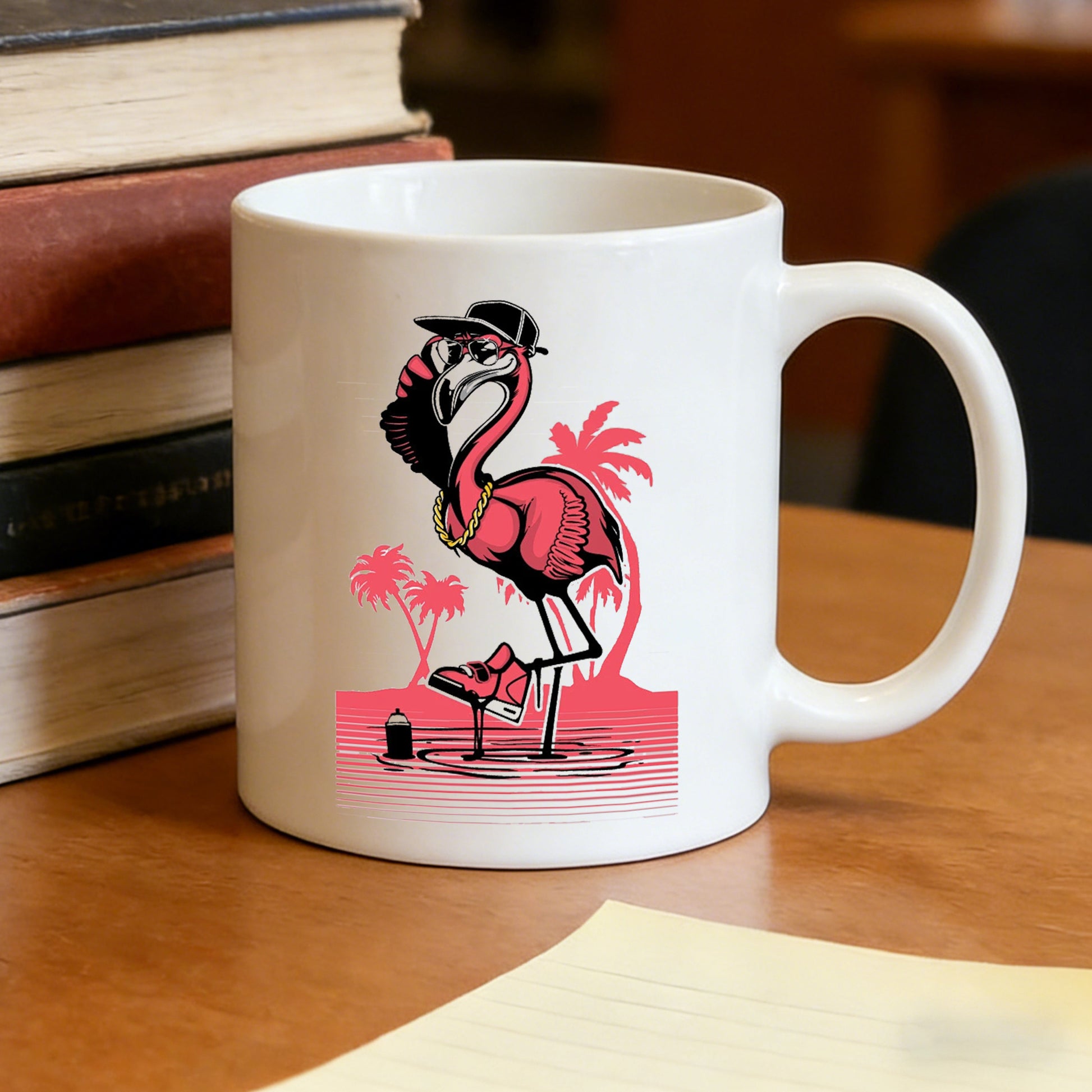 Tailorly White Ceramic 11 oz Mug - flamingo wearing a cap and sneakers