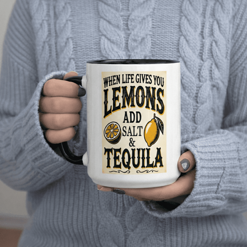 Tailorly Black Accent 11 oz Mug - Lemons with text "Add Salt and Tequila"