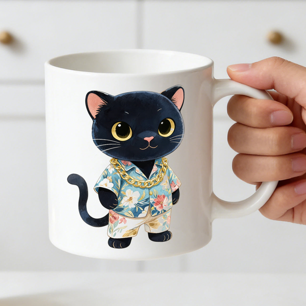 Tailorly White Ceramic 11 oz Mug - hawaiian black cat tropical floral