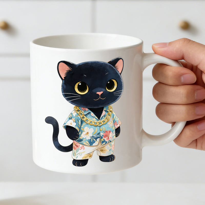 Tailorly White Ceramic 11 oz Mug - hawaiian black cat tropical floral
