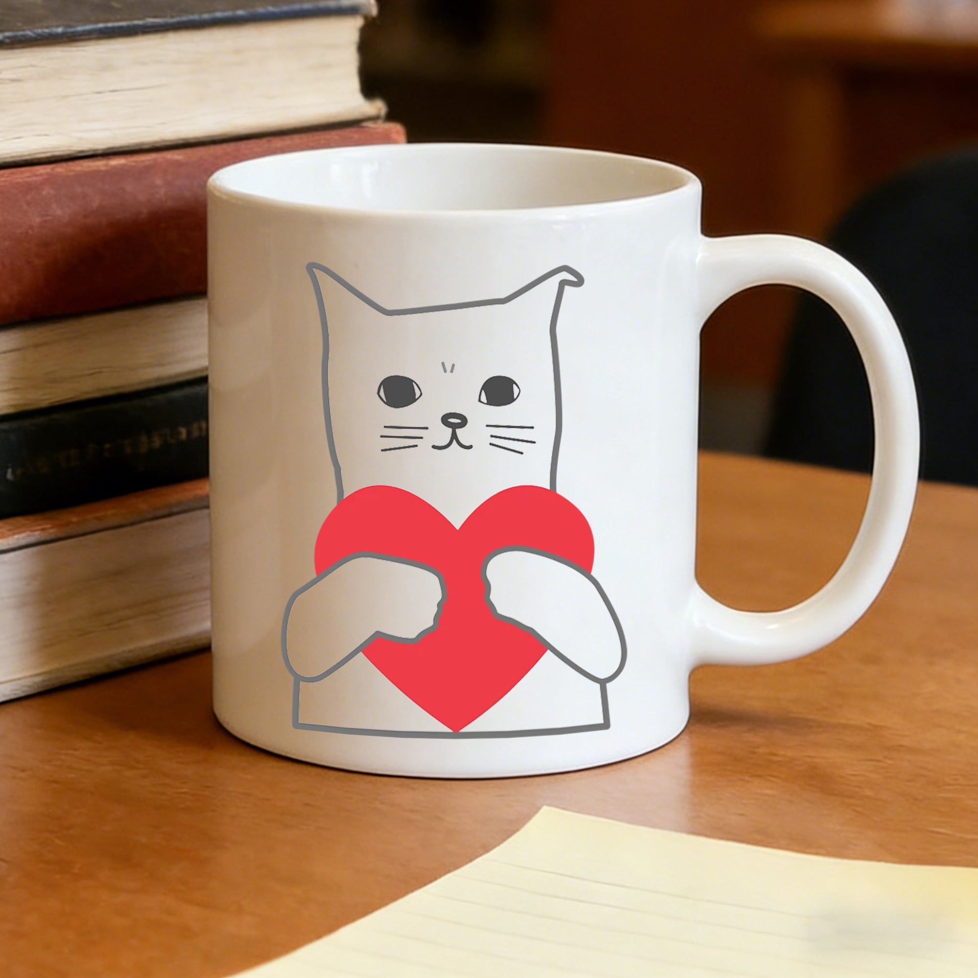 Tailorly White Ceramic 11 oz Mug - adorable white cat with red heart