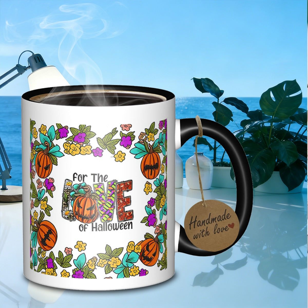 Tailorly Black Accent 11 oz Mug - halloween floral pumpkins
