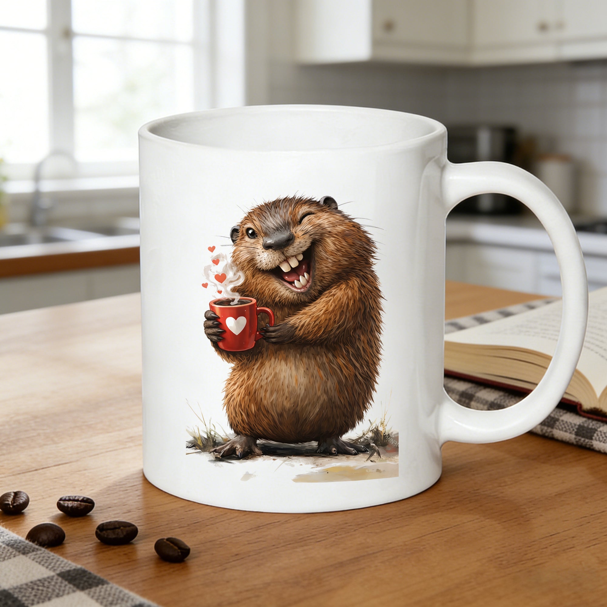Tailorly White Ceramic 11 oz Mug - happy beaver holding red coffee mug