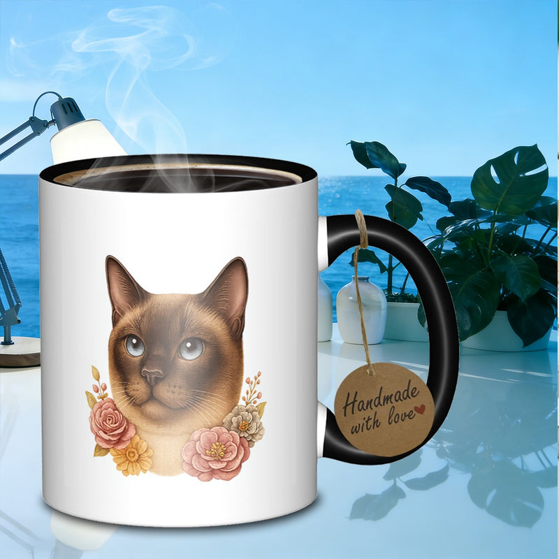 Tailorly Black Accent 11 oz Mug - siamese cat surrounded by flowers