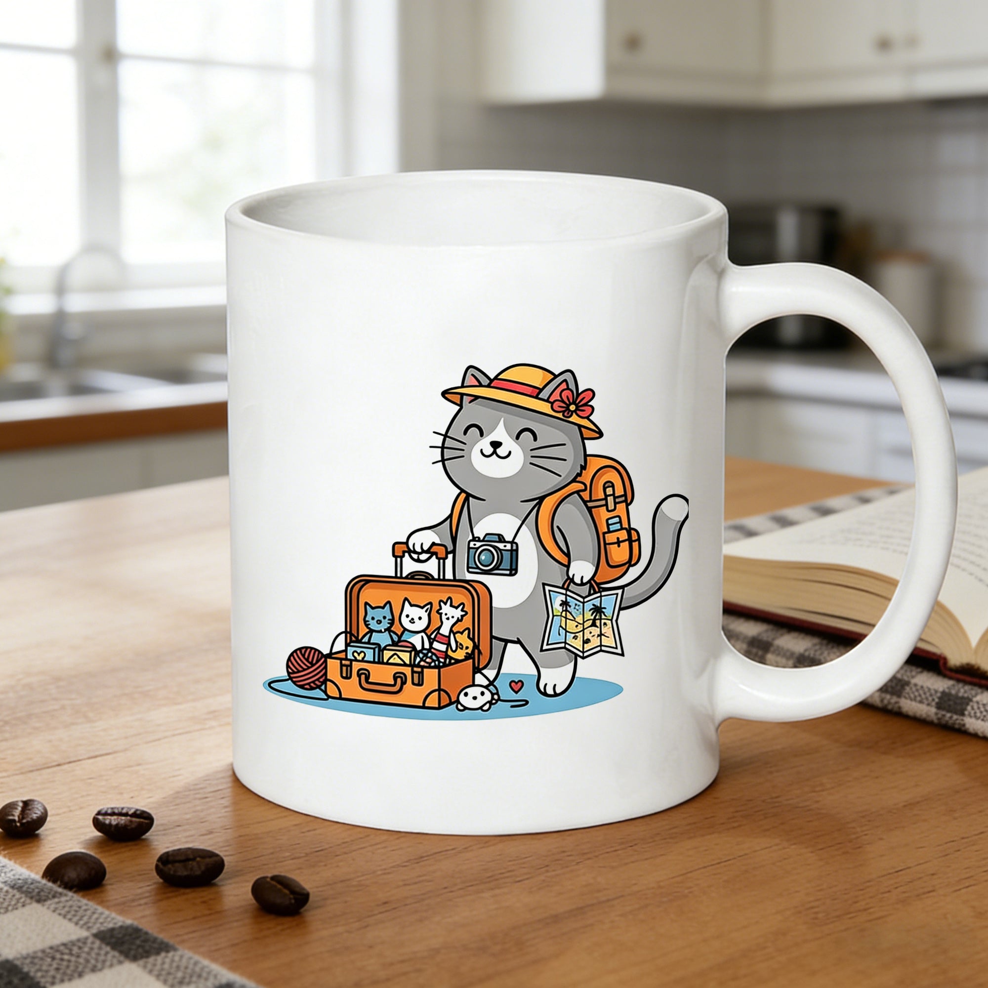 Tailorly White Ceramic 11 oz Mug - cat with suitcase map print