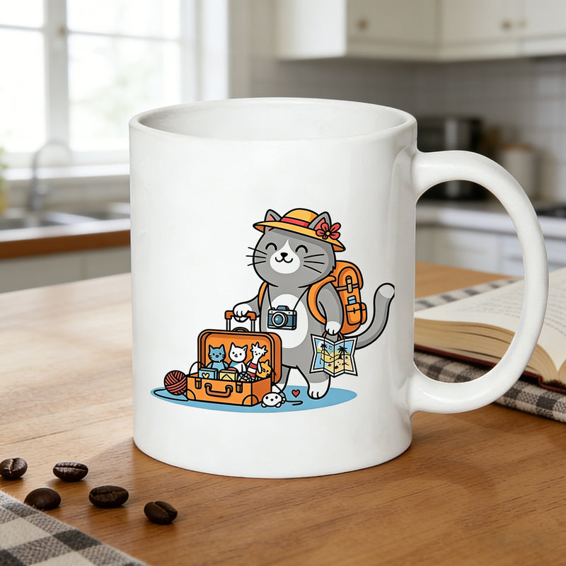 Tailorly White Ceramic 11 oz Mug - cat with suitcase map print