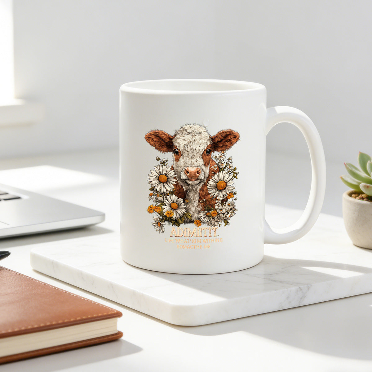 Tailorly White Ceramic 11 oz Mug - cute cow with daisies