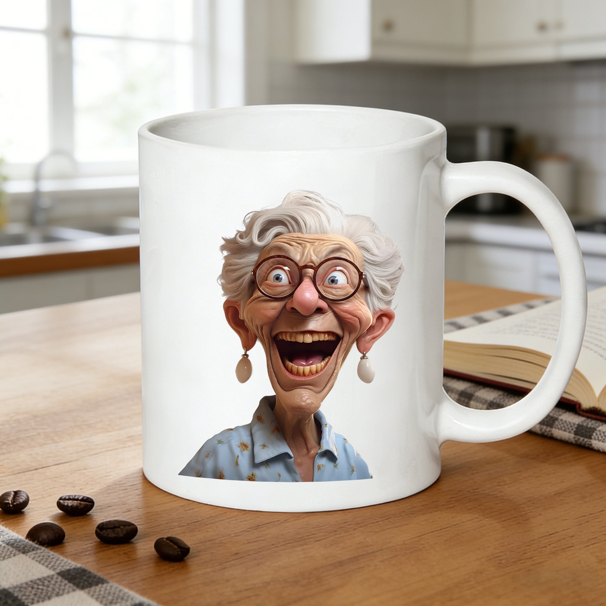 Tailorly White Ceramic 11 oz Mug - cartoon of an older woman