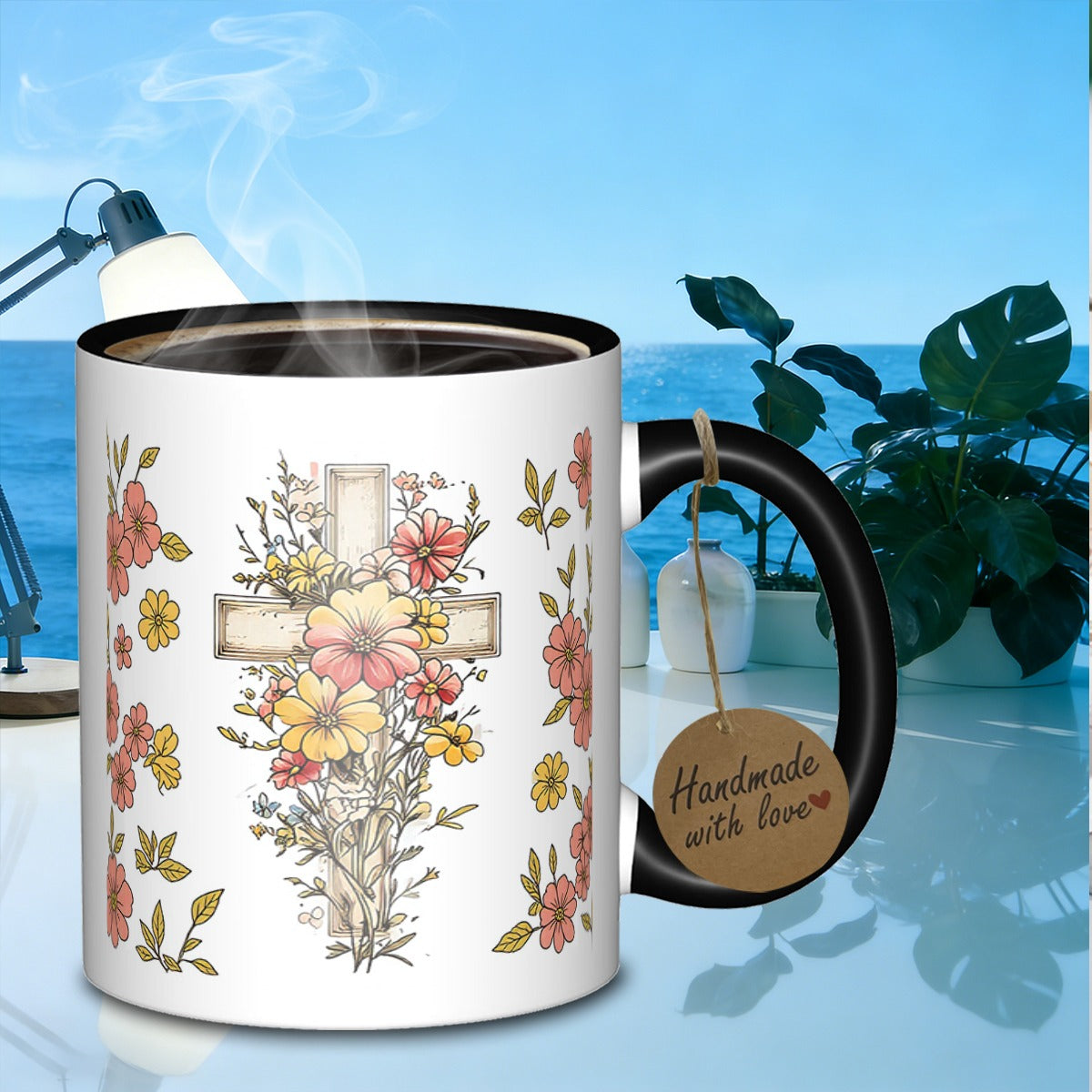 Tailorly Black Accent 11 oz Mug - floral cross arrangement