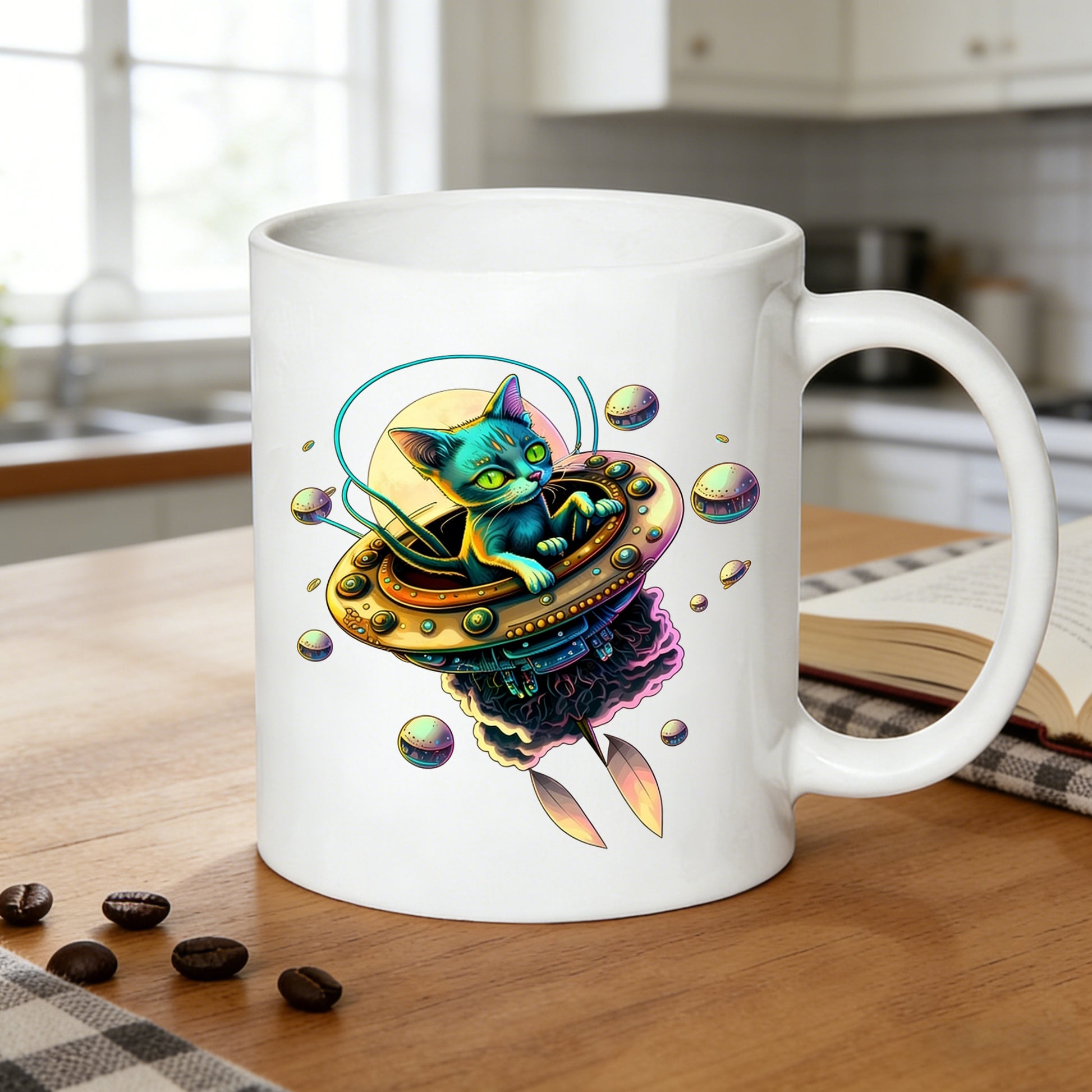 Tailorly White Ceramic 11 oz Mug - cat in flying saucer