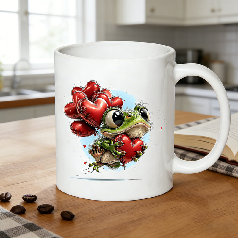 Tailorly White Ceramic 11 oz Mug - heart balloon frog