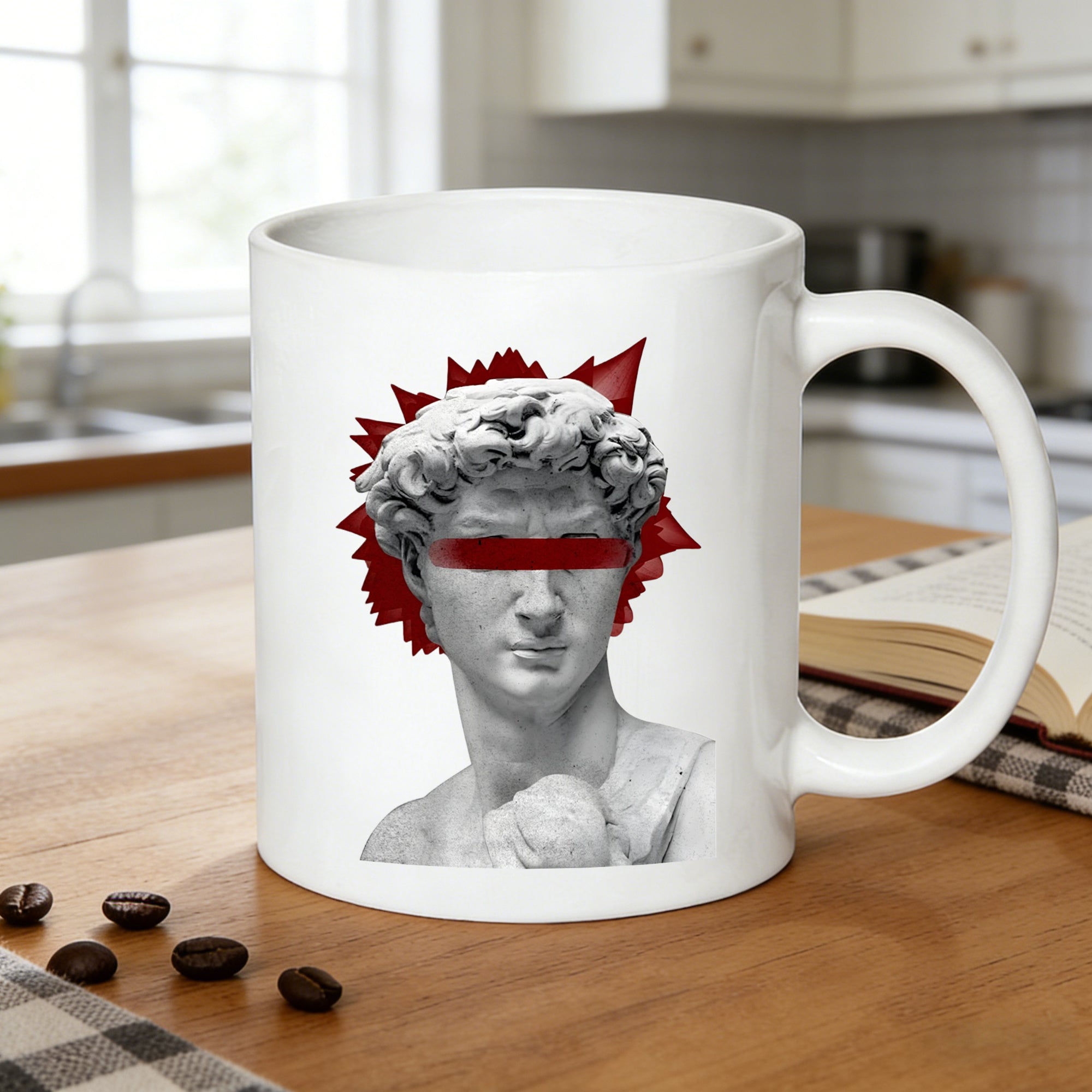 Tailorly White Ceramic 11 oz Mug - david statue with contemporary red highlight