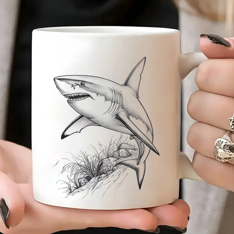 Tailorly White Ceramic 11 oz Mug - hand drawn ocean line art marine wildlife