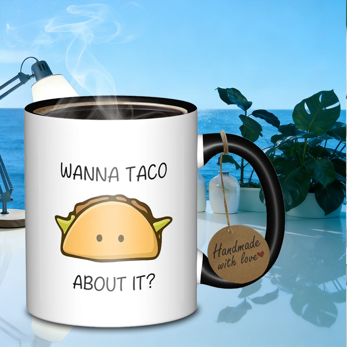 Tailorly Black Accent 11 oz Mug - taco illustration with text "wanna taco about it"