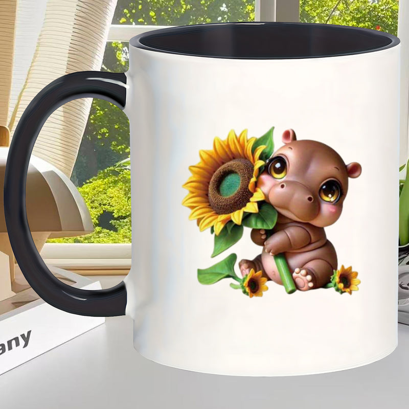 Tailorly Black Accent 11 oz Mug - hippo and sunflower