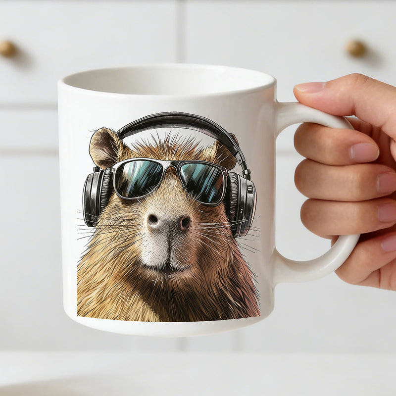 Tailorly White Ceramic 11 oz Mug - cool capybara with headphones and glasses
