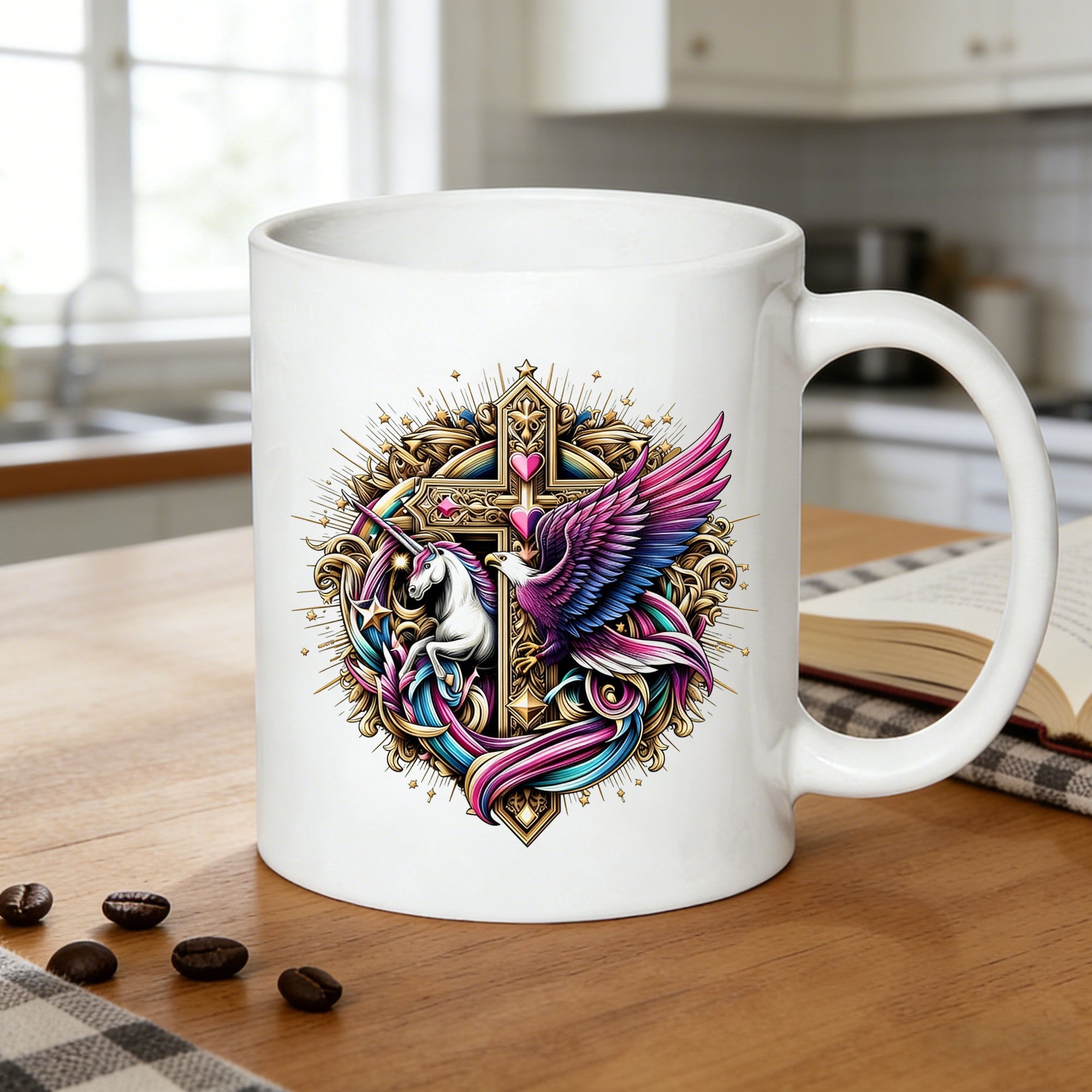 Tailorly White Ceramic 11 oz Mug - unicorn cross ornate fantasy cross print