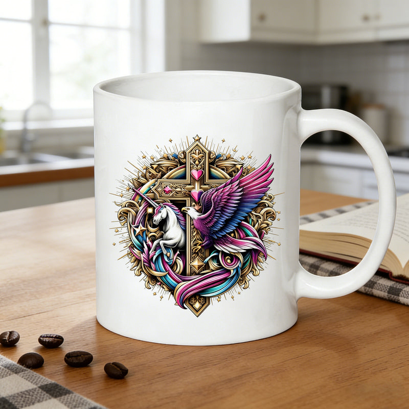Tailorly White Ceramic 11 oz Mug - unicorn cross ornate fantasy cross print
