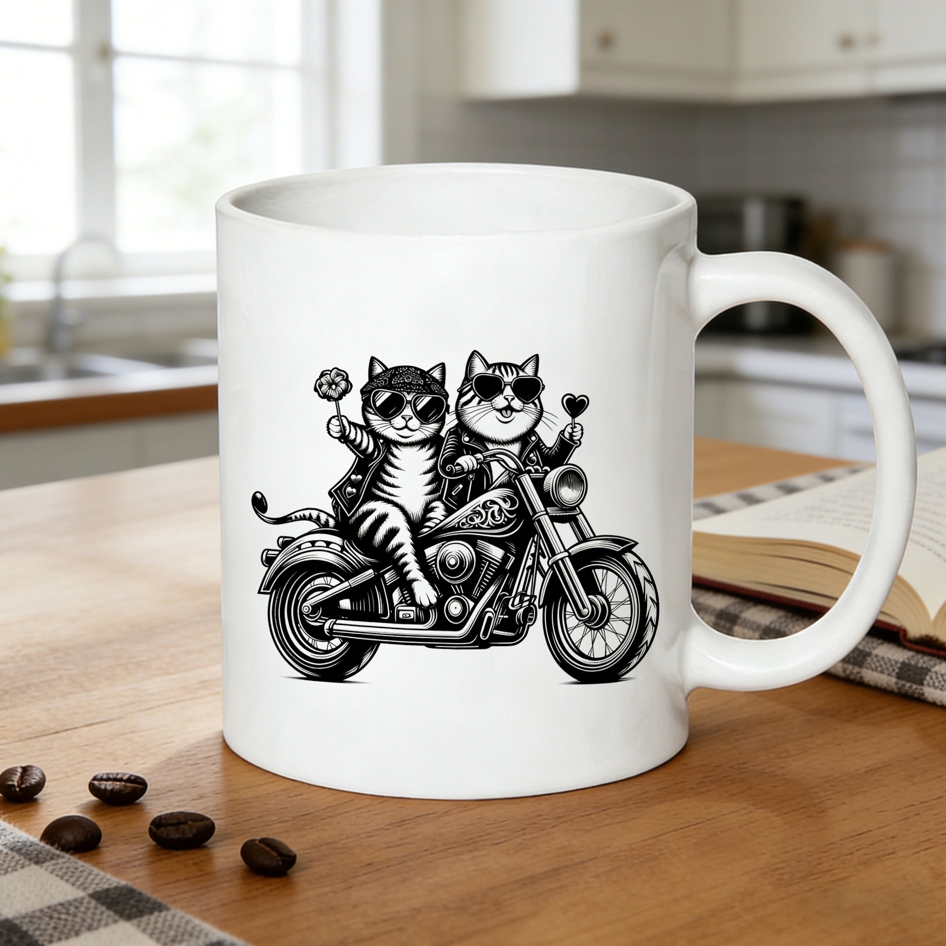 Tailorly White Ceramic 11 oz Mug - biker cats couple on motorcycle