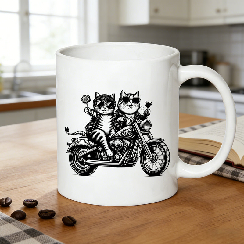 Tailorly White Ceramic 11 oz Mug - biker cats couple on motorcycle
