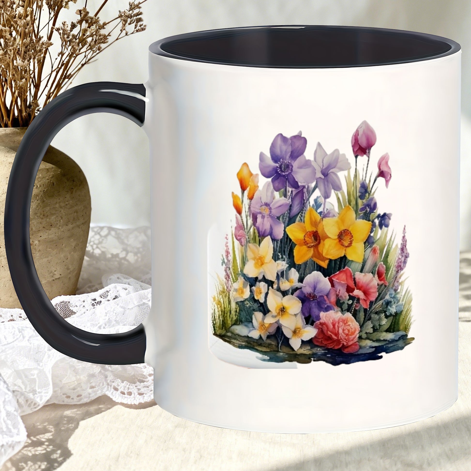 Tailorly Black Accent 11 oz Mug - colorful flowers