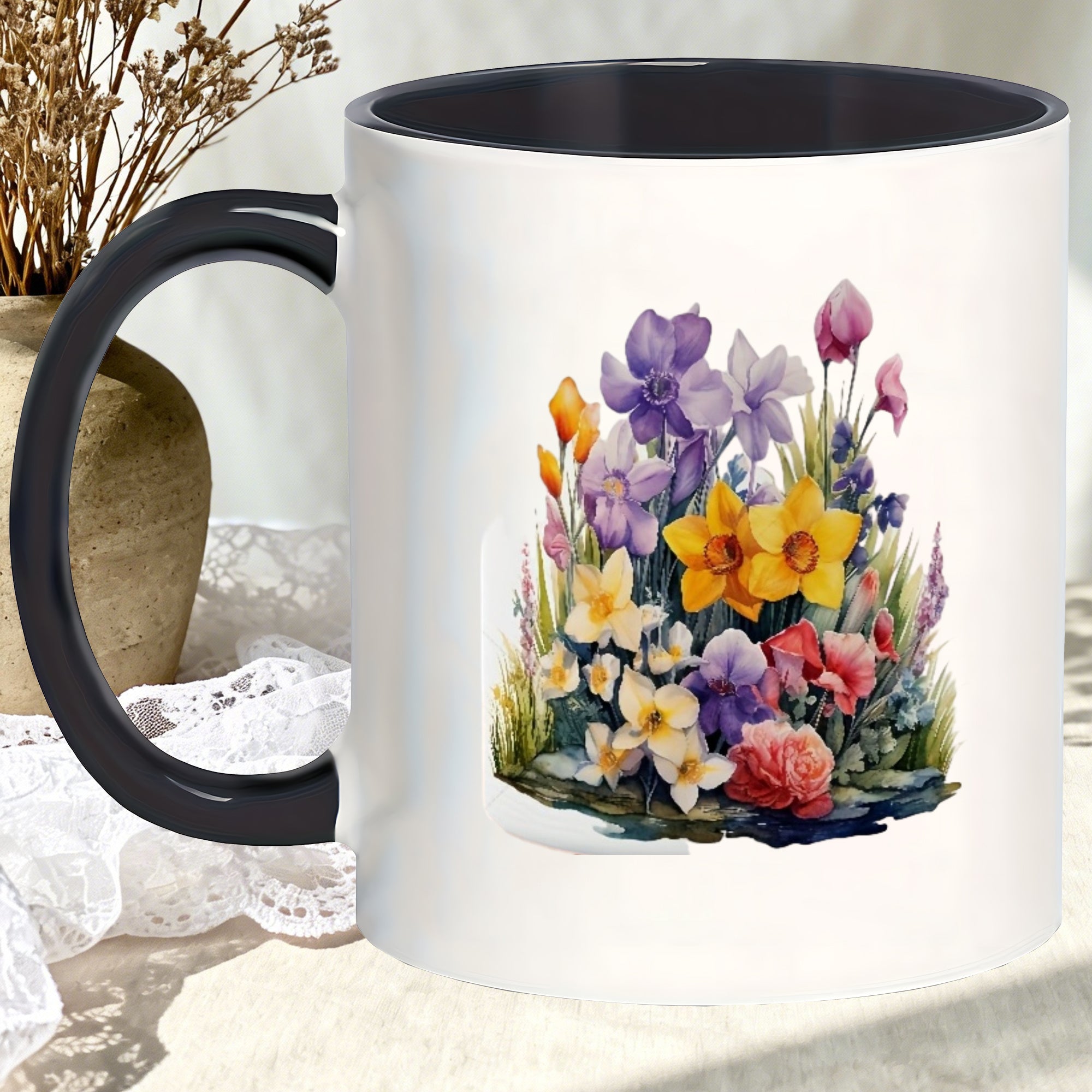 Tailorly Black Accent 11 oz Mug - colorful flowers