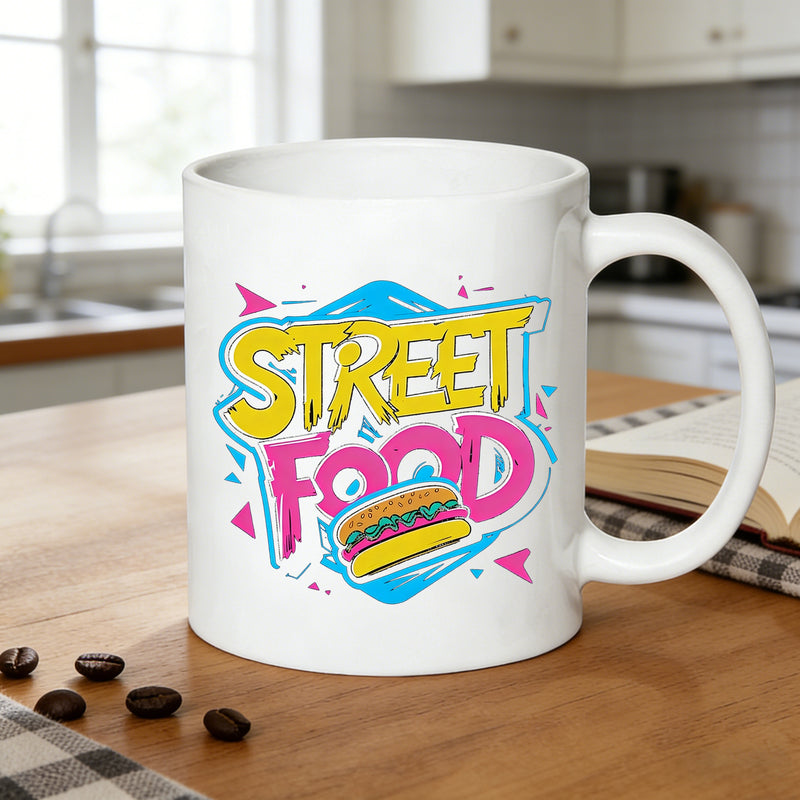 Tailorly White Ceramic 11 oz Mug - neon retro 90 food burger