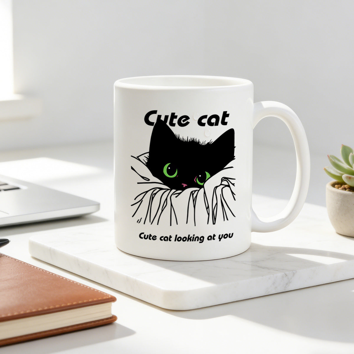 Tailorly White Ceramic 11 oz Mug - adorable black cat