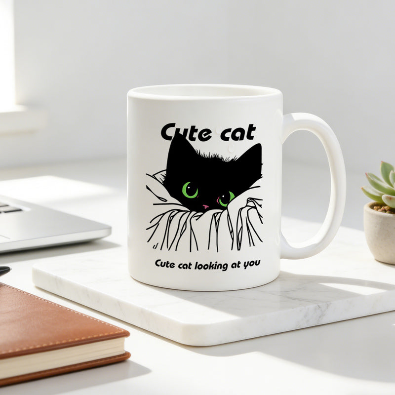 Tailorly White Ceramic 11 oz Mug - adorable black cat