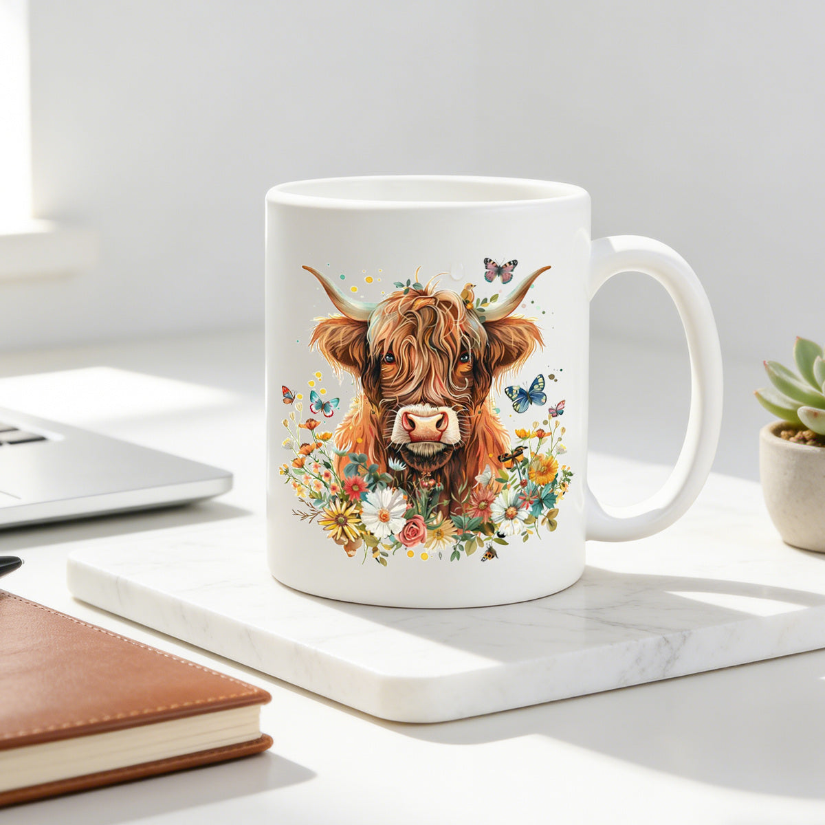 Tailorly White Ceramic 11 oz Mug - whimsical with colorful butterflies
