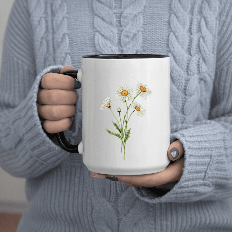 Tailorly Black Accent 11 oz Mug - Delicate Daisy Bouquet Botanical Illustration