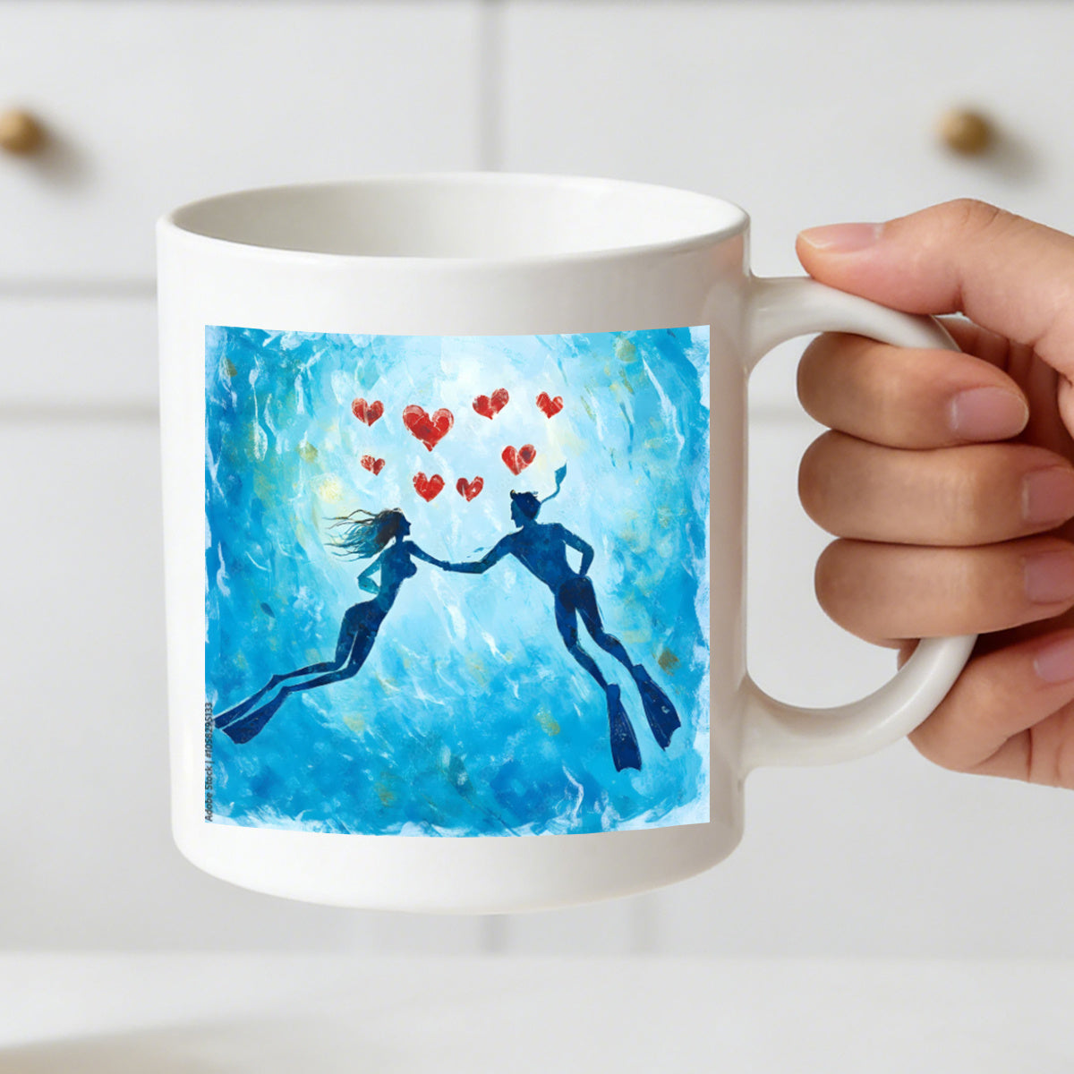 Tailorly White Ceramic 11 oz Mug - underwater couple romantic for divers lovebirds