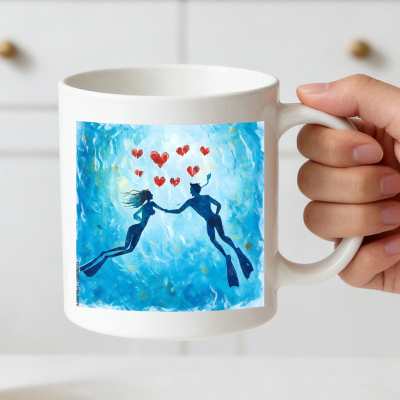 Tailorly White Ceramic 11 oz Mug - underwater couple romantic for divers lovebirds