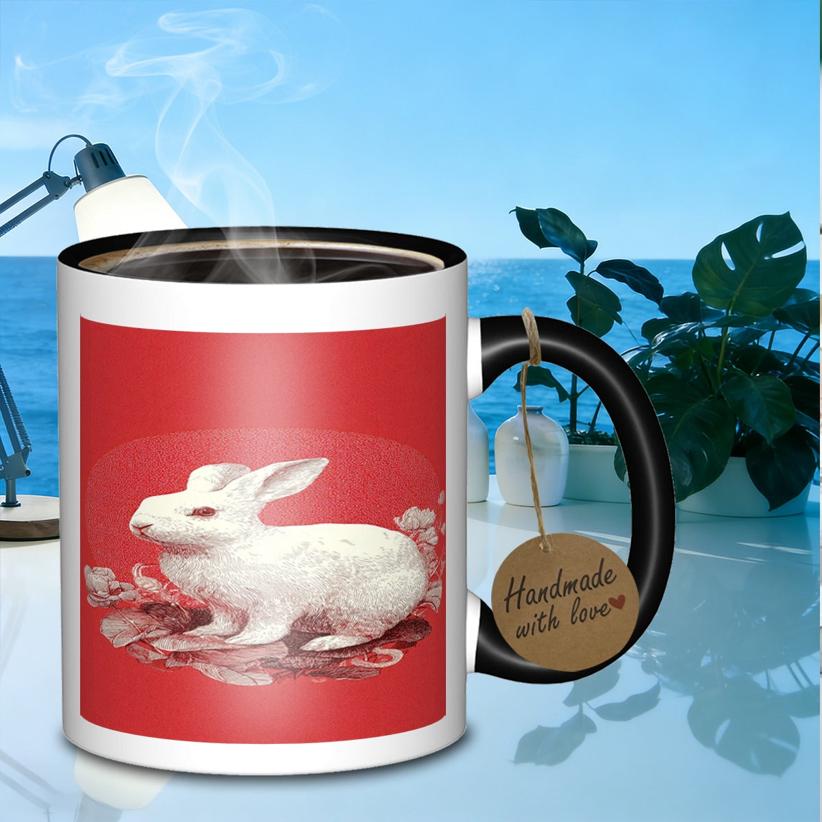 Tailorly Black Accent 11 oz Mug - white rabbit with flowers