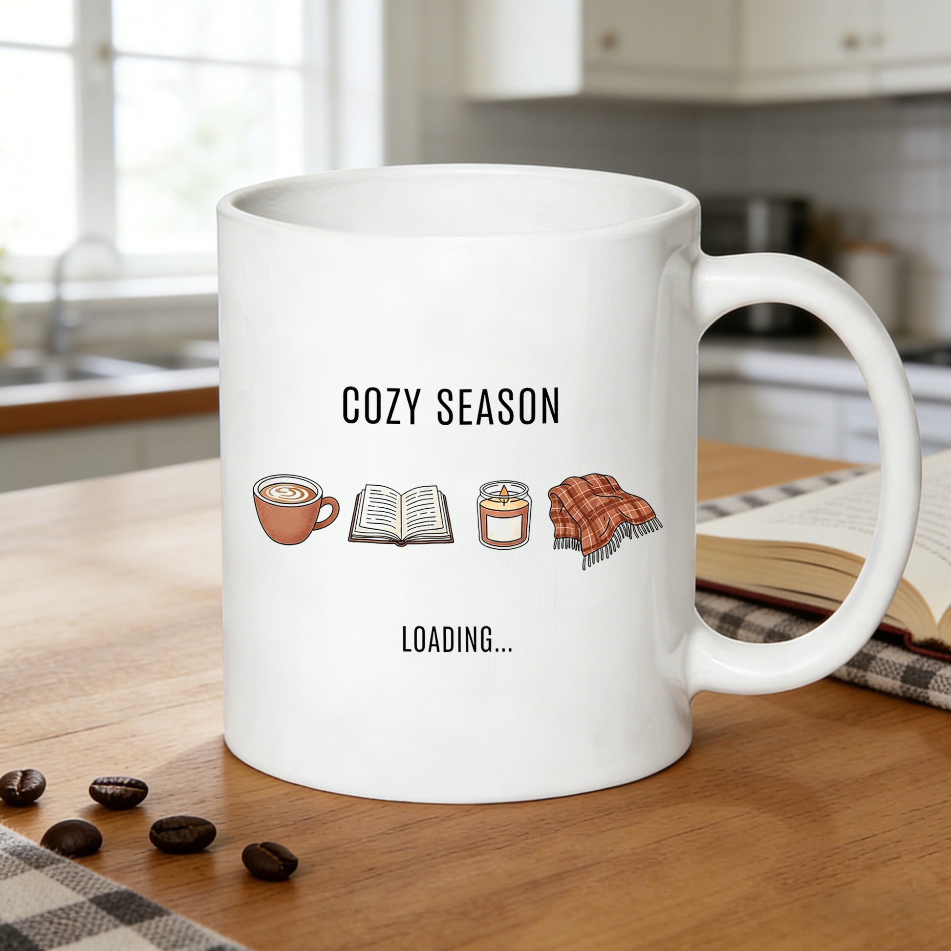 Tailorly White Ceramic 11 oz Mug - loading funny text and warm icons (candle， blanket， book)