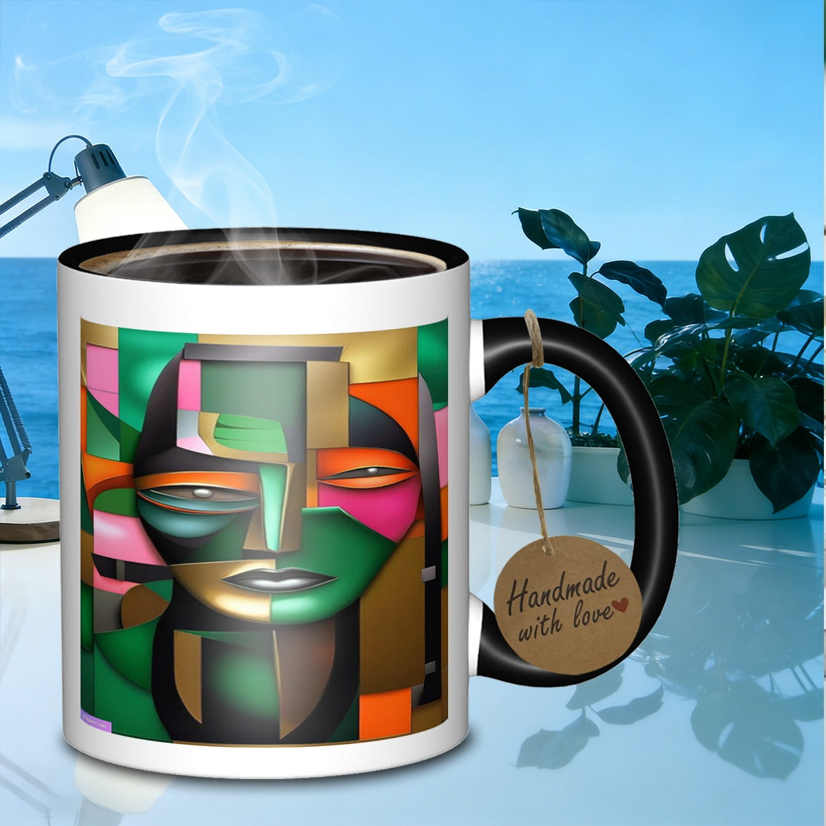 Tailorly Black Accent 11 oz Mug - face artwork with round flower pattern