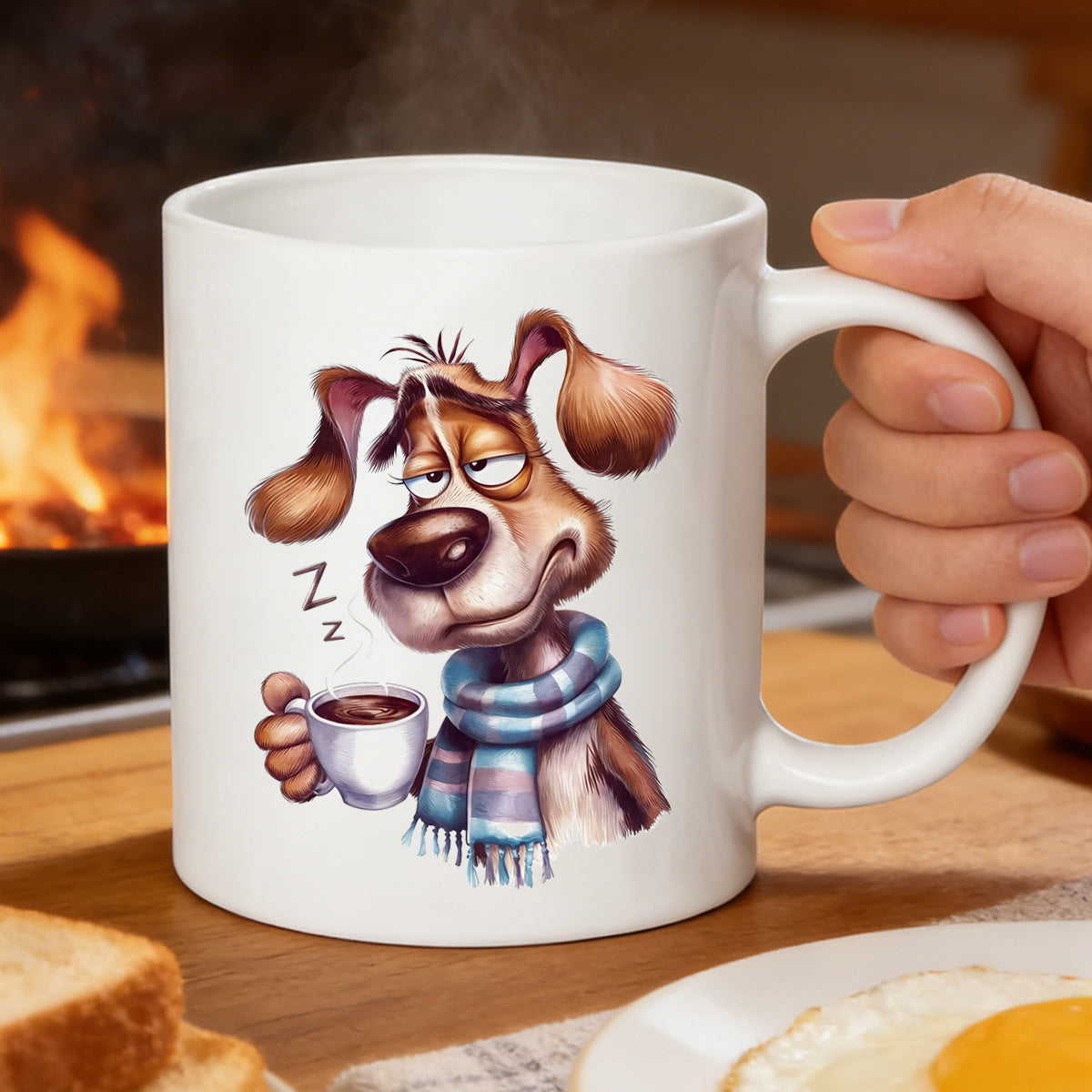 Tailorly White Ceramic 11 oz Mug - dog with scarf and coffee