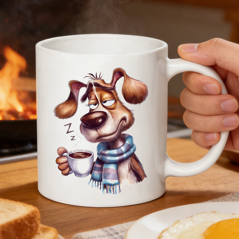 Tailorly White Ceramic 11 oz Mug - dog with scarf and coffee