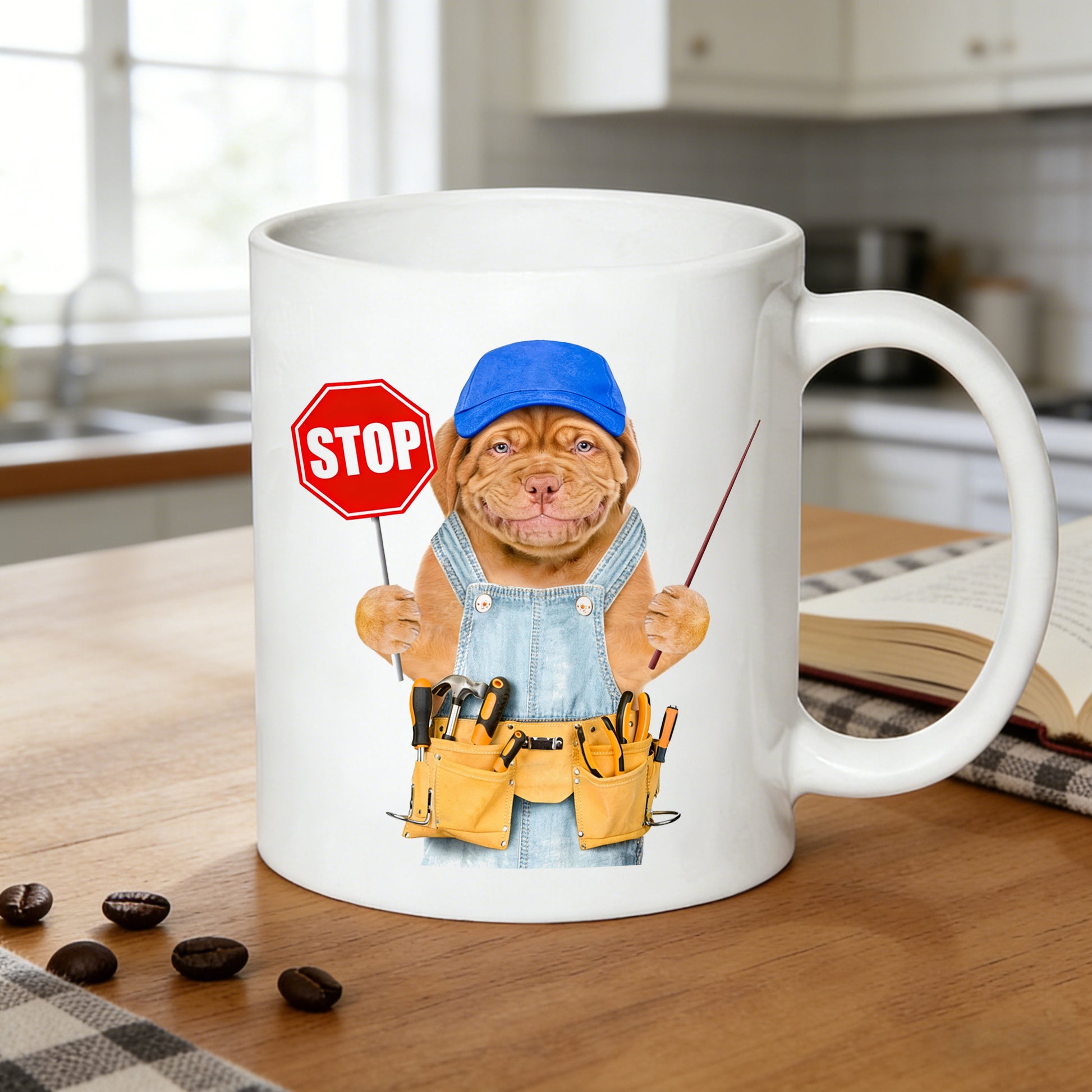 Tailorly White Ceramic 11 oz Mug - cute puppy in overalls
