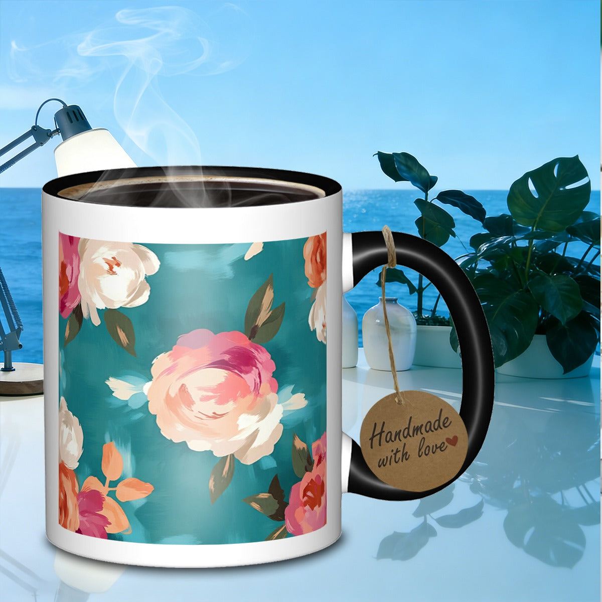Tailorly Black Accent 11 oz Mug - floral pattern