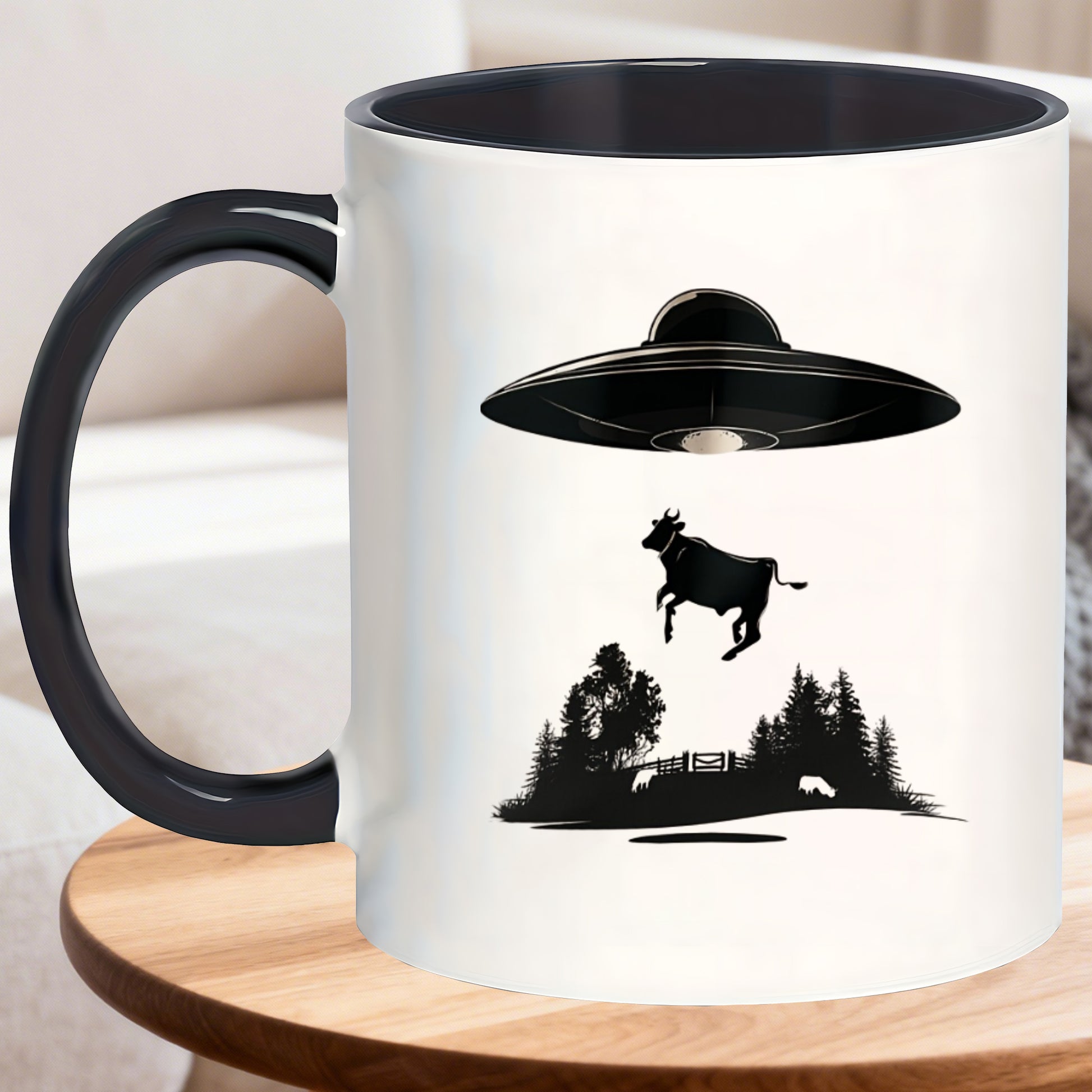 Tailorly Black Accent 11 oz Mug - ufo and cow themed