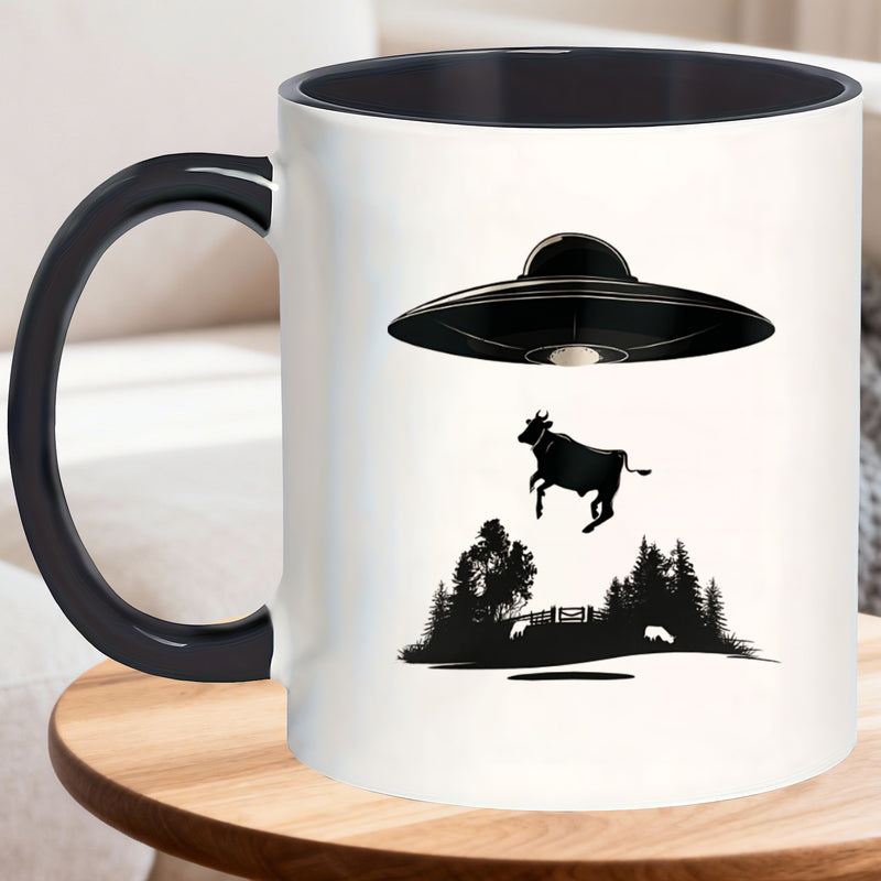 Tailorly Black Accent 11 oz Mug - ufo and cow themed
