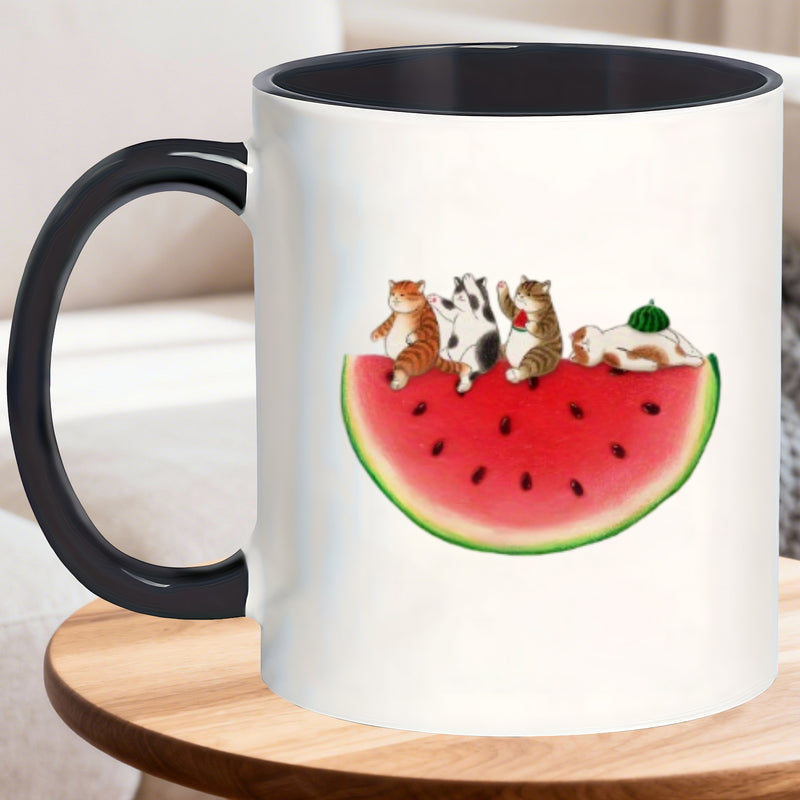 Tailorly Black Accent 11 oz Mug - watermelon with cute cats