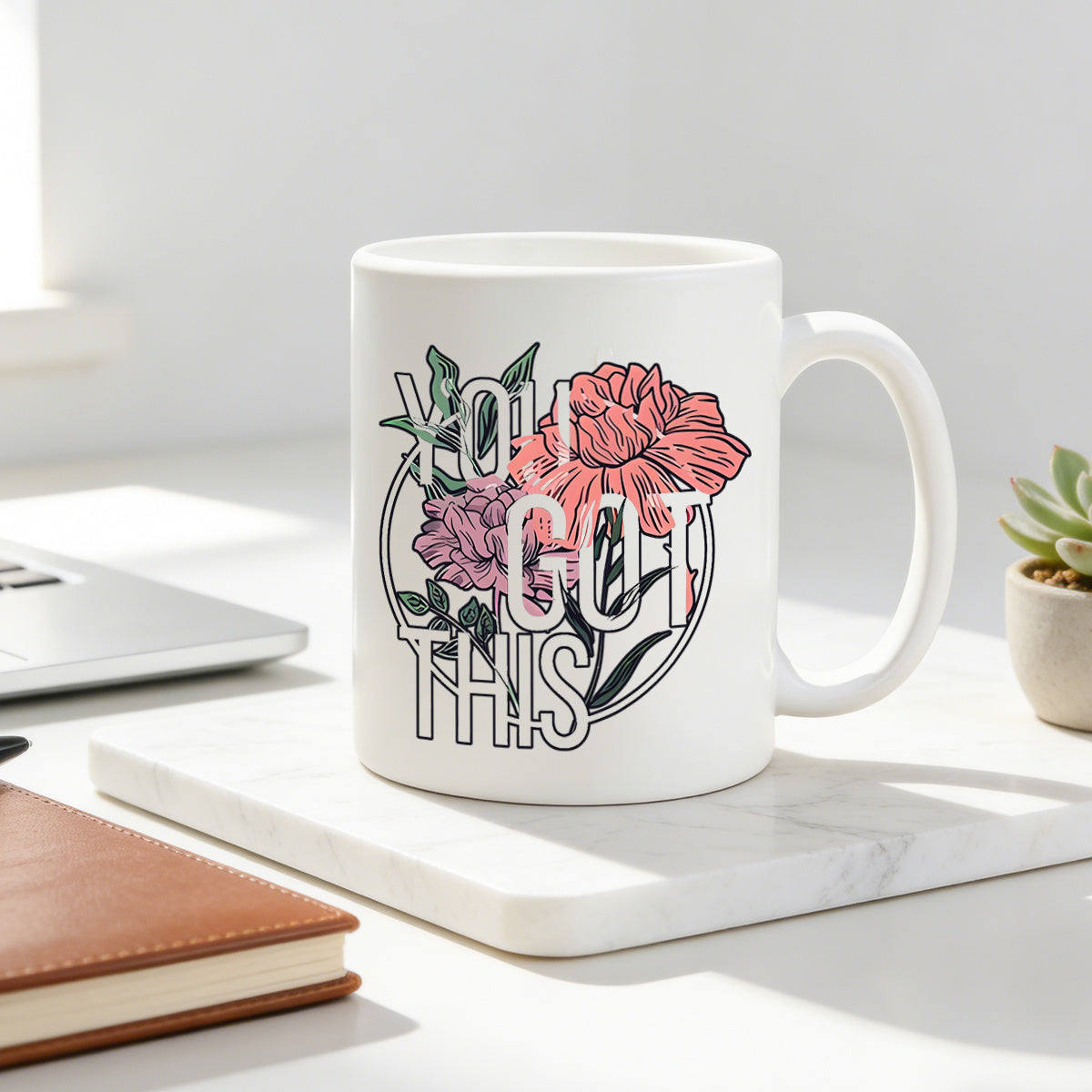Tailorly White Ceramic 11 oz Mug - floral pattern with inspirational quote