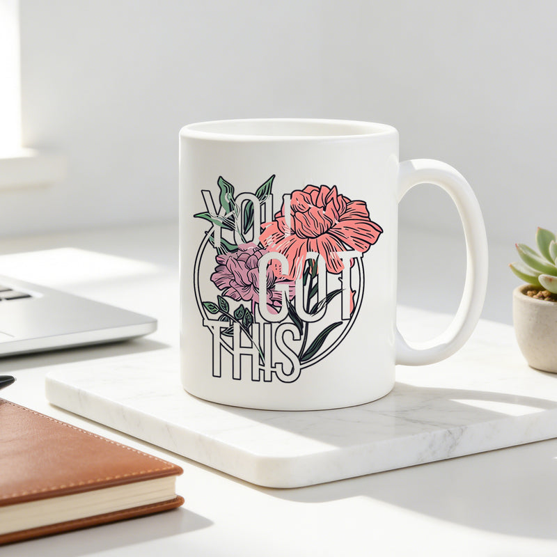 Tailorly White Ceramic 11 oz Mug - floral pattern with inspirational quote