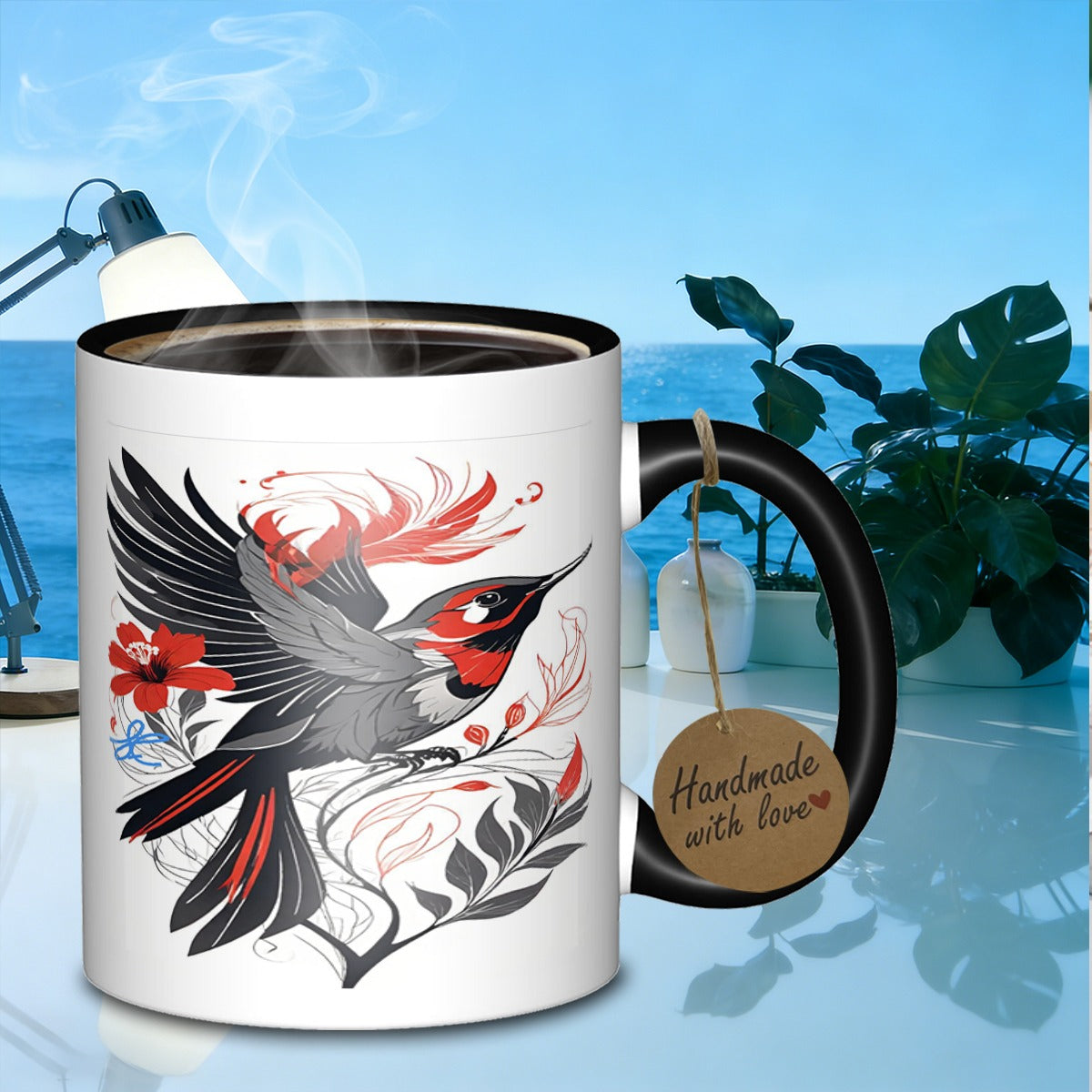 Tailorly Black Accent 11 oz Mug - hummingbird floral arrangement