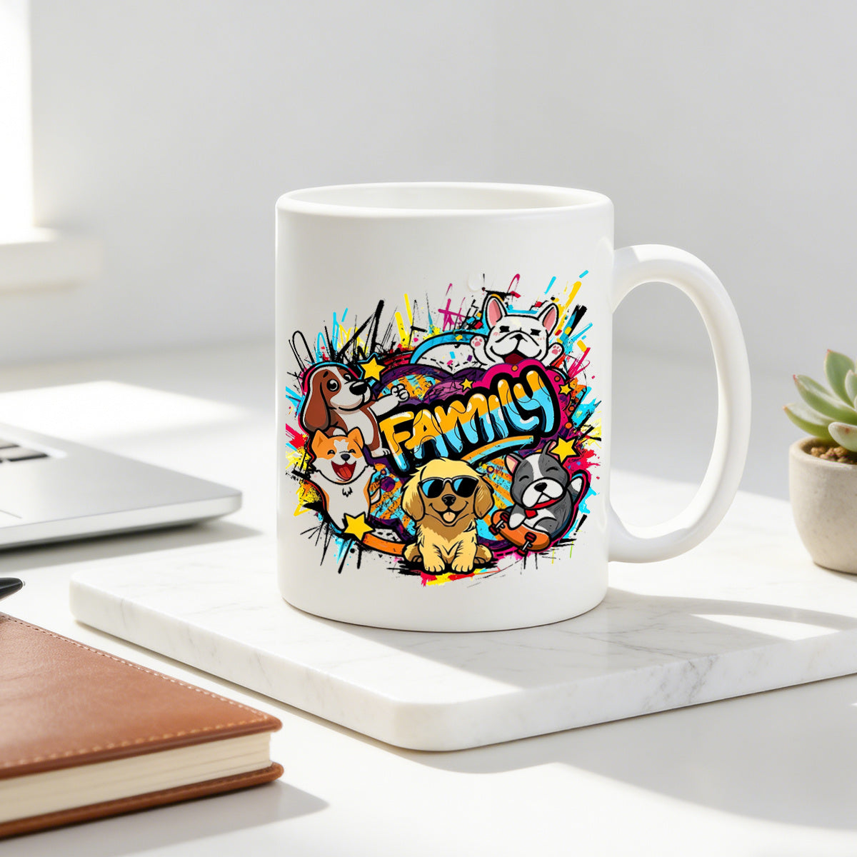 Tailorly White Ceramic 11 oz Mug - colorful cartoon dog and street graffiti