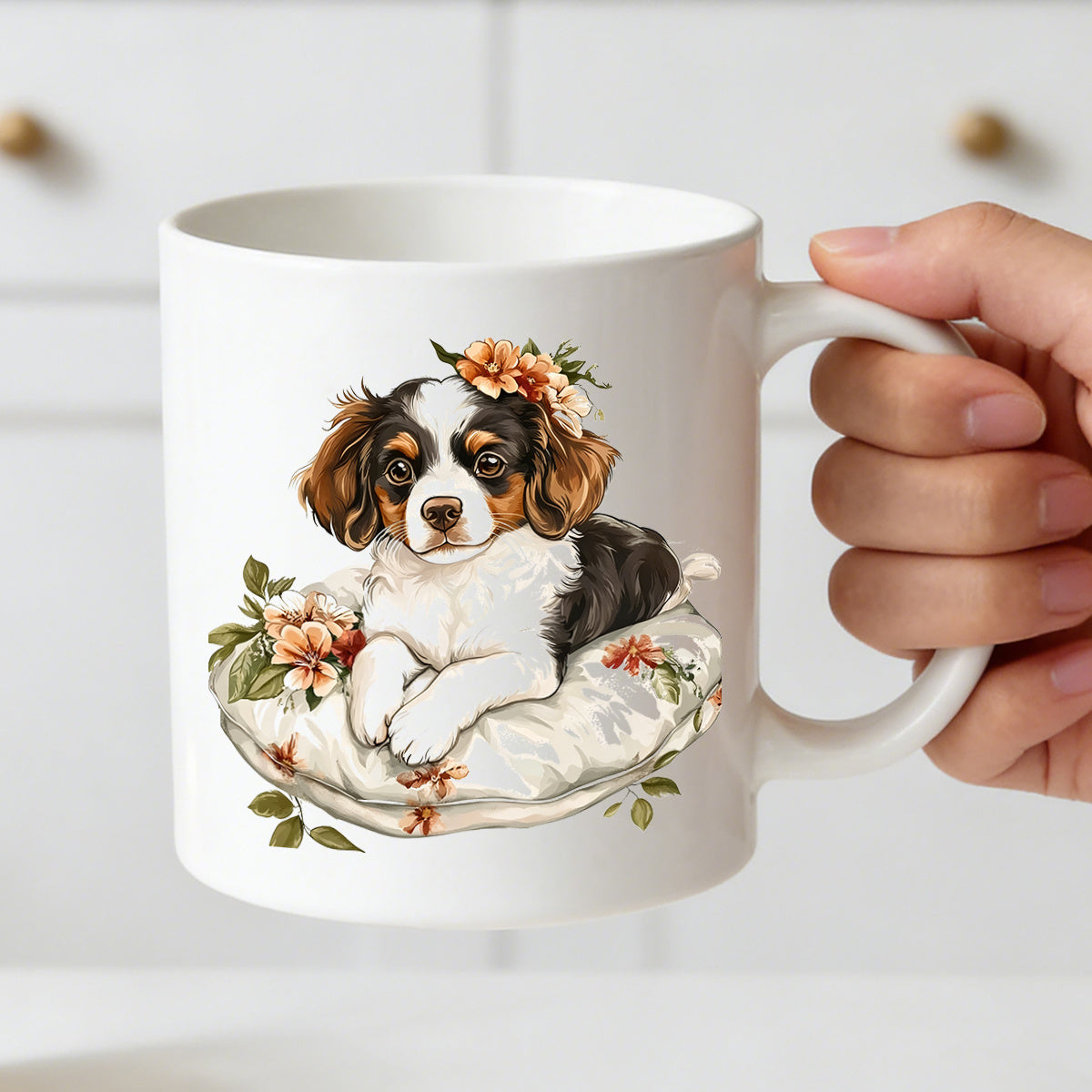 Tailorly White Ceramic 11 oz Mug - vintage floral puppy