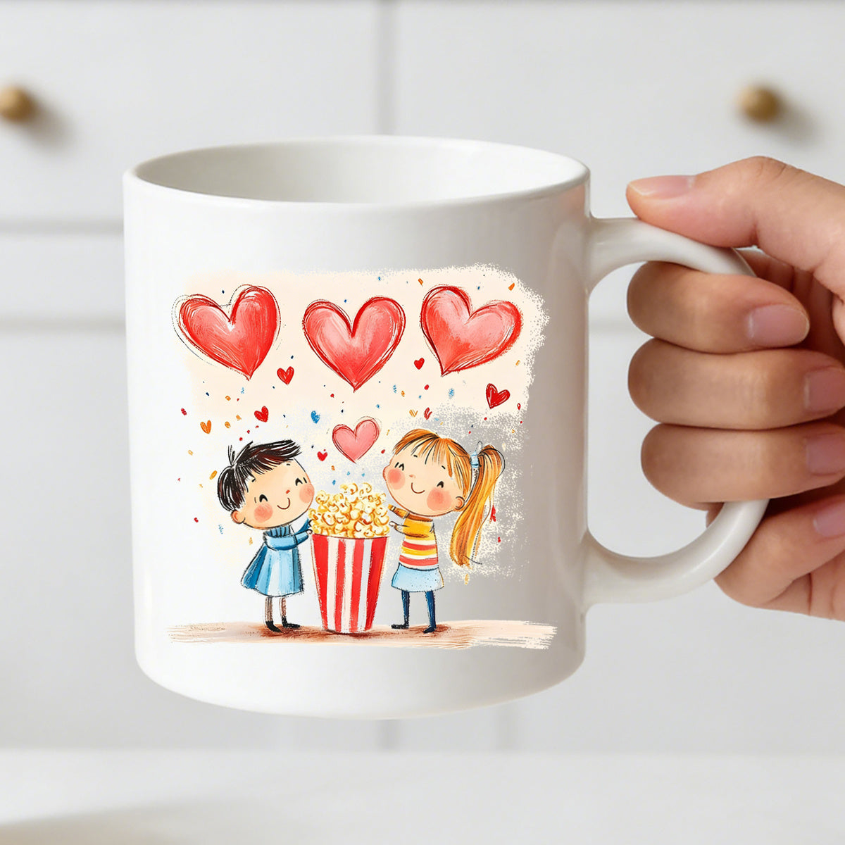 Tailorly White Ceramic 11 oz Mug - popcorn kids hearts